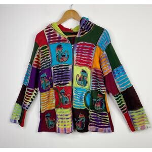 Greater Good Y2K Nepal Patchwork Tie Die Embroidered Zip Up Hoodie womens L XL